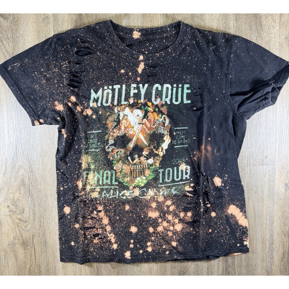 Motley Crue 2015 Final Tour Alice Cooper Bleached Distressed T-Shirt Sz S / M